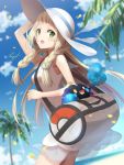  1girl arm_up bag bangs blonde_hair blue_sky braid breasts cloud cosmog creatures_(company) day dress duffel_bag game_freak gen_7_pokemon green_eyes hat highres light_particles lillie_(pokemon) long_hair nintendo outdoors palm_tree petals pokemon pokemon_(creature) pokemon_(game) pokemon_sm rupinesu see-through sky sleeveless sleeveless_dress small_breasts solo straight_hair sun_hat tree twin_braids white_dress white_headwear 