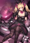  1girl :d argyle argyle_legwear artist_name bangs bead_bracelet beads black_cat_d.va black_dress black_gloves black_legwear blonde_hair blush bow bowtie bracelet breasts cleavage collarbone d.va_(overwatch) detached_collar dress earrings feet_out_of_frame frilled_dress frills gloves grin hair_bow highres jewelry large_breasts layered_dress long_hair looking_at_viewer mecha oopartz_yang open_mouth overwatch patreon_username pink_bow pink_neckwear purple_eyes sitting smile solo swept_bangs teeth thighhighs turret 