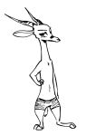  2018 ambiguous_gender antelope anthro barefoot black_and_white blush bovid chest_tuft clothed clothing facial_markings fuel_(artist) fuel_(character) gazelle half-closed_eyes hand_on_chip horn mammal markings monochrome navel simple_background solo standing topless tuft white_background zootopia_shorts 
