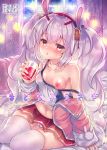  1girl azur_lane bare_shoulders blush breasts bunny_hair_ornament cameltoe camisole chestnut_mouth collarbone commentary_request cover cover_page cup curtains doujin_cover drink drinking_glass fur_trim hair_ornament hairband highres holding holding_cup indoors jacket laffey_(azur_lane) long_hair long_sleeves looking_at_viewer midriff miniskirt navel nipples no_bra nose_blush off_shoulder open_clothes open_jacket panties parted_lips pink_jacket pleated_skirt red_skirt shirt silver_hair sitting skirt sleeves_past_wrists small_breasts solo star strap_slip suzunone_rena sweat thigh_gap thighhighs twintails underwear very_long_hair white_legwear white_panties white_shirt window yellow_eyes 