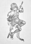  1girl absurdres bangs bare_shoulders breasts detached_sleeves full_body greyscale high_heels highres holding holding_weapon leg_up long_hair looking_at_viewer mashimashi monochrome original pleated_skirt sash simple_background skirt small_breasts smile solo thighhighs traditional_media weapon white_background zettai_ryouiki 