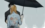  1boy 1girl back_tattoo black_hair black_shirt blonde_hair commentary_request couple doya dress_shirt expressionless eyes_closed facing_away fingernails fullmetal_alchemist hand_on_another&#039;s_cheek hand_on_another&#039;s_face height_difference hetero holding holding_umbrella kiss outstretched_arm rain riza_hawkeye roy_mustang see-through shirt sleeves_rolled_up tattoo umbrella upper_body water_drop wet wet_clothes white_shirt 