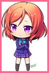  1girl artist_request birthday blazer blue_bow blue_neckwear bow bowtie chibi dutch_angle female happy_birthday jacket long_sleeves looking_at_viewer love_live! love_live!_school_idol_project nishikino_maki pleated_skirt purple_eyes red_hair school_uniform short_hair skirt smile solo striped striped_bow striped_neckwear 