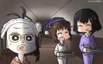  3girls adapted_costume alternate_costume ammunition black_hair brown_eyes brown_hair dated eyes_closed facial_mask feet_out_of_frame haguro_(kantai_collection) hairband hallway hamu_koutarou hat highres kantai_collection multiple_girls naka_(kantai_collection) open_mouth pajamas plate round_teeth short_hair smile teeth tray upper_teeth yukikaze_(kantai_collection) zoom_layer 