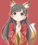  1girl :o animal_ear_fluff animal_ears bangs black_hair blush braid brown_eyes brown_footwear brown_outline character_request ddak5843 eyebrows_visible_through_hair flower fox_ears fox_girl fox_tail hair_flower hair_ornament hands_together hands_up idolmaster japanese_clothes kemonomimi_mode kimono long_hair long_sleeves outline own_hands_together parted_lips red_background red_kimono solo tail tail_raised upper_body very_long_hair wide_sleeves 
