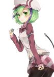  1girl android arm_at_side blush bob_cut breasts closed_mouth commentary_request dimension_w from_side green_eyes green_hair hair_between_eyes hand_up highres holding long_sleeves looking_at_viewer looking_to_the_side multicolored_hair nagiha_kuten short_hair simple_background smile solo streaked_hair tail_raised twisted_torso two-tone_hair white_background white_headwear wing_collar yurizaki_mira 