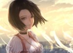  1girl black_hair breasts brown_eyes choker cleavage closed_mouth commentary_request final_fantasy final_fantasy_ix garnet_til_alexandros_xvii jewelry king_gidora looking_at_viewer necklace short_hair smile solo 