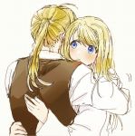  1boy 1girl ahoge blonde_hair blue_eyes blush commentary_request couple dress_shirt edward_elric expressionless eyebrows_visible_through_hair facing_away fingernails fullmetal_alchemist grey_background hands_on_another&#039;s_back hetero hug long_hair long_sleeves looking_at_another ponytail shirt simple_background tsukuda0310 waistcoat white_shirt winry_rockbell 