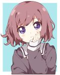  1girl blue_background blush blush_stickers brown_hair character_request closed_mouth copyright_request curly_hair eyebrows_visible_through_hair highres long_sleeves looking_at_viewer namori purple_eyes short_hair simple_background sketch sleeves_past_wrists solo upper_body 