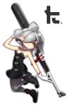  +_+ 1girl absurdres ankle_boots black_dress black_footwear boots breasts brown_eyes cleavage commentary detached_collar domino_mask dress earrings food food_on_head full_body gloves grey_hair grey_legwear half-closed_eyes head_tilt highres holding holding_weapon hotaru_(splatoon) jewelry jumping legs_up logo long_hair looking_at_viewer mask medium_breasts mole mole_under_eye object_behind_back object_on_head pantyhose pointy_ears puchiman short_dress short_hair simple_background solo splat_charger_(splatoon) splatoon splatoon_(series) splatoon_1 tentacle_hair twitter_username weapon white_background white_gloves 