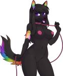  2018 5_fingers anthro areola black_fur black_hair canid canine canis digital_media_(artwork) domestic_dog female fur hair hi_res mammal midriff navel nipples purple_eyes pussy smile solo standing tongue zyira 