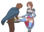 1boy 1girl armor blue_eyes blush breasts brown_hair cape cleavage crotch_kick fighting headband highres kicking medium_breasts pain seset simple_background skirt skirt_lift sword tamakeri thighhighs upskirt weapon white_background 
