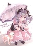  1girl absurdres bangs blush bow cat character_name closed_mouth commentary dated drill_hair frills full_body hair_between_eyes hair_bow hair_over_eyes happy_birthday highres holding idolmaster idolmaster_cinderella_girls kanzaki_ranko lolita_fashion long_hair long_skirt looking_at_viewer parasol petals pink_skirt red_eyes short_sleeves silver_hair simple_background skirt smile solo squatting tdnd-96 twin_drills twintails umbrella white_cat wrist_cuffs 