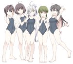  5girls ahoge asashimo_(kantai_collection) bangs barefoot black_hair black_swimsuit blunt_bangs bob_cut braid breasts brown_eyes brown_hair commentary_request competition_school_swimsuit covered_navel fang flat_chest full_body green_eyes green_hair grey_eyes grin hair_over_one_eye kantai_collection kishinami_(kantai_collection) long_hair looking_to_the_side medium_breasts multicolored_hair multiple_girls naganami_(kantai_collection) no_eyewear okinami_(kantai_collection) open_mouth pink_hair ponytail school_swimsuit short_hair sidelocks silver_hair skin_fang smile souji standing swimsuit takanami_(kantai_collection) two-tone_hair wavy_hair 