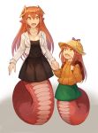  2girls :d absurdres backpack bag bangs black_dress breasts cleavage collarbone commission dress fang gradient gradient_background green_skirt hair_between_eyes hair_ornament hairclip hand_holding hat highres holding_strap jacket lamia long_hair long_sleeves looking_at_another miia_(monster_musume) monster_girl monster_musume_no_iru_nichijou mother_and_daughter multiple_girls open_mouth orange_eyes orange_hair orange_shirt original pointy_ears randoseru scales shirt simple_background skirt smile sookmo white_jacket yellow_eyes 