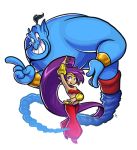  2019 aladdin black_hair blue_eyes breasts capcom clothing crossover disney duo ear_piercing female genie genie_(aladdin) hair henlp humanoid long_hair male not_furry piercing pointy_ears ponytail purple_hair shantae shantae_(series) signature simple_background smile teeth video_games wayforward 