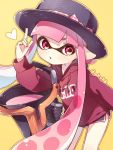  1girl bangs black_headwear black_shorts blunt_bangs bow clothes_writing commentary domino_mask drawstring gym_shorts hat hat_bow heart holding holding_weapon hood hoodie inkling inkling_(language) leaning_forward long_hair long_sleeves looking_at_viewer mask parted_lips pink_eyes pink_hair pointing pointing_up pointy_ears purple_shirt sen_squid shirt short_shorts shorts slosher_(splatoon) splatoon splatoon_(series) splatoon_1 standing tentacle_hair twitter_username weapon yellow_background 