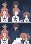  akiyama_yukari bangs black_hair blunt_bangs blush brown_eyes brown_hair comic girls_und_panzer glasses hadzuki_haru highres long_hair messy_hair movie_theater multiple_girls nishizumi_maho nishizumi_miho ooarai_school_uniform orange_eyes orange_hair school_uniform short_hair sitting sleeves_past_wrists takebe_saori translation_request tsuji_renta younger yuri 