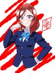  1girl artist_request blazer blue_bow blue_neckwear bow bowtie dutch_angle female highres jacket long_sleeves looking_at_viewer love_live! love_live!_school_idol_project nishikino_maki pleated_skirt purple_eyes red_hair school_uniform short_hair skirt smile solo striped striped_bow striped_neckwear 