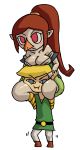  1boy 1girl beak blonde_hair breasts brown_hair carrying cleavage hat link long_hair medli minus8 monster_girl nintendo older pointy_ears ponytail red_eyes rito shoulder_carry simple_background the_legend_of_zelda the_legend_of_zelda:_the_wind_waker toon_link white_background 