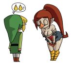  1boy 1girl beak blonde_hair bowing breasts brown_hair cleavage hat link long_hair medli minus8 monster_girl nintendo older pointy_ears ponytail rito simple_background the_legend_of_zelda the_legend_of_zelda:_the_wind_waker toon_link white_background 