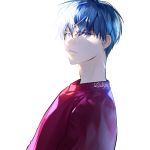  1boy artist_name blue_eyes blue_hair hair_between_eyes looking_at_viewer male_focus original red_skirt simple_background skirt solo sukja upper_body white_background 