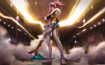  1girl absurdres akali alternate_costume baseball_cap black_tank_top bracelet breasts cleavage fur_trim gloves hat highres holding holding_weapon idol jacket jewelry k/da_(league_of_legends) k/da_akali league_of_legends long_hair looking_at_viewer midriff navel necklace official_art pants red_hair red_lips smoke solo weapon white_footwear white_gloves white_pants 