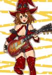  bare_shoulders blush boots breasts brown_eyes brown_hair cleavage cosplay dress embarrassed fingerless_gloves gloves guilty_gear guitar hair_ornament hairclip hat hirasawa_yui i-no i-no_(cosplay) instrument k-on! leather makai medium_breasts nail_polish nipple_slip nipples open_mouth red_hat red_legwear red_nails round_teeth short_dress short_hair skull solo standing teeth thigh_boots thighhighs witch witch_hat zettai_ryouiki 