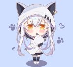  :o absurdres animal_ears animal_hood azuma_lim azuma_lim_channel bangs barefoot black_skirt blue_background blush brown_eyes cat_ears cat_hood chibi commentary_request ear_piercing eyebrows_visible_through_hair full_body hair_between_eyes heart highres hood hood_up hooded_jacket jacket leg_warmers liang_feng_qui_ye long_hair parted_lips piercing pillow pillow_hug pleated_skirt silver_hair skirt solo standing very_long_hair virtual_youtuber white_jacket 
