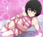  0byte 1girl bed_sheet black_hair blush bow bowtie breasts green_eyes hair_between_eyes heart heart_background looking_at_viewer lying medium_breasts naked_ribbon navel nipples on_side parted_lips pink_background pink_neckwear ribbon shiina_mayuri short_hair solo sparkle steins;gate steins;gate_0 tareme thick_eyebrows 