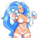  2019 animal_humanoid blue_eyes blue_hair breasts capcom cat_humanoid claws darkstalkers fangs felicia_(darkstalkers) felid felid_humanoid feline feline_humanoid female hair hi_res humanoid long_hair mammal one_eye_closed simple_background solo theycallhimcake video_games white_background wink 