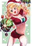  1girl ahoge blonde_hair breasts cleavage green_eyes hoshii_miki idolmaster idolmaster_(classic) large_breasts navel open_mouth pettan_p pom_pom_(clothes) pom_poms santa_costume smile solo 
