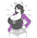  2019 anthro big_breasts black_hair blush blush_stickers breasts canid canine canis cleavage clothed clothing domestic_dog ear_piercing female hair hair_over_eye hand_on_hip hi_res jacket looking_at_viewer maggie_applebee mammal piercing shirt short_hair shorts simple_background smile solo tank_top theycallhimcake topwear white_background 