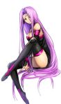  1girl absurdly_long_hair between_legs black_dress black_sleeves breasts brown_eyes cleavage detached_sleeves dress facial_mark fate/stay_night fate_(series) full_body hair_intakes hand_between_legs invisible_chair large_breasts long_hair long_sleeves looking_at_viewer purple_hair rider shida_(xwheel) shiny shiny_clothes shiny_skin short_dress simple_background sitting sleeveless sleeveless_dress solo strapless strapless_dress tube_dress very_long_hair white_background 