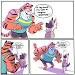  1:1 2019 absurd_res anthro biceps canid canine clothing comic digital_media_(artwork) english_text felid fur hi_res kemono male mammal muscular muscular_male pantherine plum_(artist) simple_background size_difference smaller_male speech_bubble text tiger 