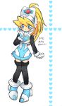  1girl alternate_costume bangs blonde_hair blue_eyes blush capcom ciel_(rockman) cinnamon cinnamon_(cosplay) eyebrows_visible_through_hair female full_body gloves hat headgear heart helmet high_heels highres kirby_2001_10_6 knees_together_feet_appart long_hair nurse nurse_cap rockman rockman_x_command_mission rockman_zero simple_background solo standing thighhighs white_gloves zettai_ryouiki 