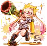  1girl :q black_footwear black_shorts blue_shorts boots commentary dated diffraction_spikes foreshortening gradient_hair harutarou_(orion_3boshi) highres holding holding_weapon ink_tank_(splatoon) inkling inkzooka_(splatoon) knee_boots light_blush motion_lines multicolored_hair pink_eyes pink_hair print_shirt running scope shirt shorts single_vertical_stripe solo sparkle splatoon splatoon_(series) splatoon_1 standing tongue tongue_out v-shaped_eyebrows weapon yellow_headwear 