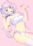  1girl :3 ahoge animal_ear_fluff animal_ears armpits bangs bare_arms bare_shoulders blue_eyes bow bra breasts cat_ears cat_girl cat_tail choker daidai_jamu drop_shadow fang food hair_bow hands_up highres lavender_hair lingerie looking_at_viewer medium_breasts mouth_hold navel original panties paw_pose pink_background pink_bow polka_dot polka_dot_background ribbon ribbon_choker short_hair side-tie_panties solo stomach striped tail taiyaki thighhighs thighs underwear v-shaped_eyebrows wagashi white_bra white_legwear white_panties white_ribbon 