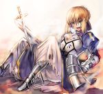  1girl armor armored_dress artoria_pendragon_(all) blonde_hair blood blood_on_face blue_ribbon braided_bun fate/stay_night fate_(series) faulds gauntlets green_eyes hair_between_eyes hair_ribbon holding holding_sword holding_weapon lowres open_mouth ribbon saber shida_(xwheel) short_hair simple_background skirt solo sword weapon white_background white_skirt 