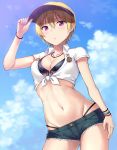  1girl badge bangs blonde_hair blue_bikini_top blue_sky blush breasts button_badge closed_mouth cropped_shirt hair_between_eyes hashi idolmaster idolmaster_shiny_colors looking_at_viewer medium_breasts navel purple_eyes saijou_juri shirt short_hair short_shorts short_sleeves shorts sky solo swimsuit tied_shirt visor_cap white_shirt wristband 