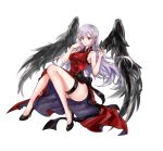  1girl 96dgd black_bow black_wings bow breasts character_request china_dress chinese_clothes closers dress full_body high_heels highres large_breasts legs_together long_hair looking_at_viewer pale_skin red_eyes side_slit silver_hair solo thigh_strap thighs wind wings 