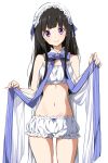  1girl bare_shoulders black_hair bow bowtie chitanda_eru commentary_request eyebrows_visible_through_hair highres holding_bowtie hyouka long_hair looking_at_viewer midriff navel purple_eyes ragho_no_erika simple_background smile solo striped striped_neckwear underwear underwear_only white_background white_headdress 