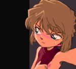  1girl blue_eyes blush breasts brown_hair exhibitionism game_boy_advance haibara_ai handheld_game_console looking_away lowres meitantei_conan nipples no_bra one_breast_out outstretched_arm pixel_art saiwai_hiroshi self_shot short_hair sleeveless small_breasts solo sweatdrop turtleneck 