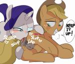  ! &lt;3 2019 anal anus applejack_(mlp) baigak blonde_hair blue_eyes blush clothing cutie_mark dialogue duo english_text equid equine female female/female feral friendship_is_magic green_eyes hair hat headgear headwear horn horse lying mammal my_little_pony onomatopoeia oral pony purple_hair pussy rarity_(mlp) rimming sex simple_background smile sound_effects text tongue tongue_out unicorn 