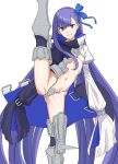  1girl armored_boots ass blue_eyes blue_ribbon boots crotch_plate eyebrows_visible_through_hair fate/extra fate/extra_ccc fate/grand_order fate_(series) hair_ribbon leg_up long_hair long_sleeves looking_at_viewer meltlilith michihasu navel purple_hair revealing_clothes ribbon simple_background sleeves_past_wrists solo very_long_hair white_background 