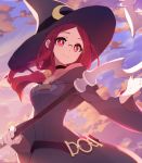  1girl broom choker_(pixiv) glasses hat highres holding holding_broom koshou_shichimi little_witch_academia ponytail red_hair rimless_eyewear robe sky solo ursula_charistes wide_sleeves witch witch_hat 