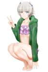  1girl alfred_cullado bangs barefoot bikini blue_eyes blunt_bangs cardigan collarbone eyebrows_visible_through_hair full_body green_cardigan highres hood hood_down hooded_cardigan looking_at_viewer meteora_osterreich open_cardigan open_clothes purple_bikini re:creators shiny shiny_hair short_hair silver_hair simple_background smile solo squatting swimsuit v white_background 