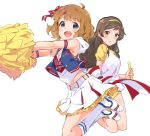  2girls :d ahoge blue_eyes boots breasts brown_eyes brown_hair cheerleader eyebrows_visible_through_hair frilled_skirt frills hair_ribbon hairband high_heel_boots high_heels idolmaster idolmaster_million_live! kitazawa_shiho knee_boots legs_up looking_at_viewer medium_breasts midriff multiple_girls open_mouth pom_pom_(clothes) ribbon shirt short_hair short_sleeves simple_background skirt sleeveless small_breasts smile suou_momoko white_background white_footwear white_shirt white_skirt yabudatami yellow_hairband 