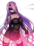  1girl absurdly_long_hair black_dress black_sleeves breasts chains cleavage collar contrapposto cowboy_shot detached_sleeves dress facial_mark fate/stay_night fate_(series) floating_hair holding holding_weapon large_breasts long_hair long_sleeves lowres mask nameless_dagger purple_hair rider shida_(xwheel) shiny shiny_clothes shiny_hair short_dress simple_background sleeveless sleeveless_dress solo standing strapless strapless_dress thighhighs tube_dress very_long_hair weapon white_background zettai_ryouiki 