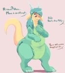  anthro breasts dialogue diaper dragon english_text eyebrow_through_hair eyebrows fangs female hair hi_res horn molly_(ozzybear) one_eye_closed onesie open_mouth ozzybear scalie solo text translucent translucent_hair unseen_character 